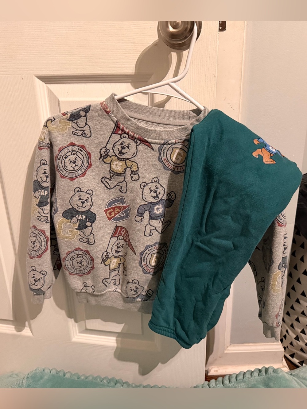 GAP Grey Bear Print Sweatshirt with Gap Bear Teal Pants Set